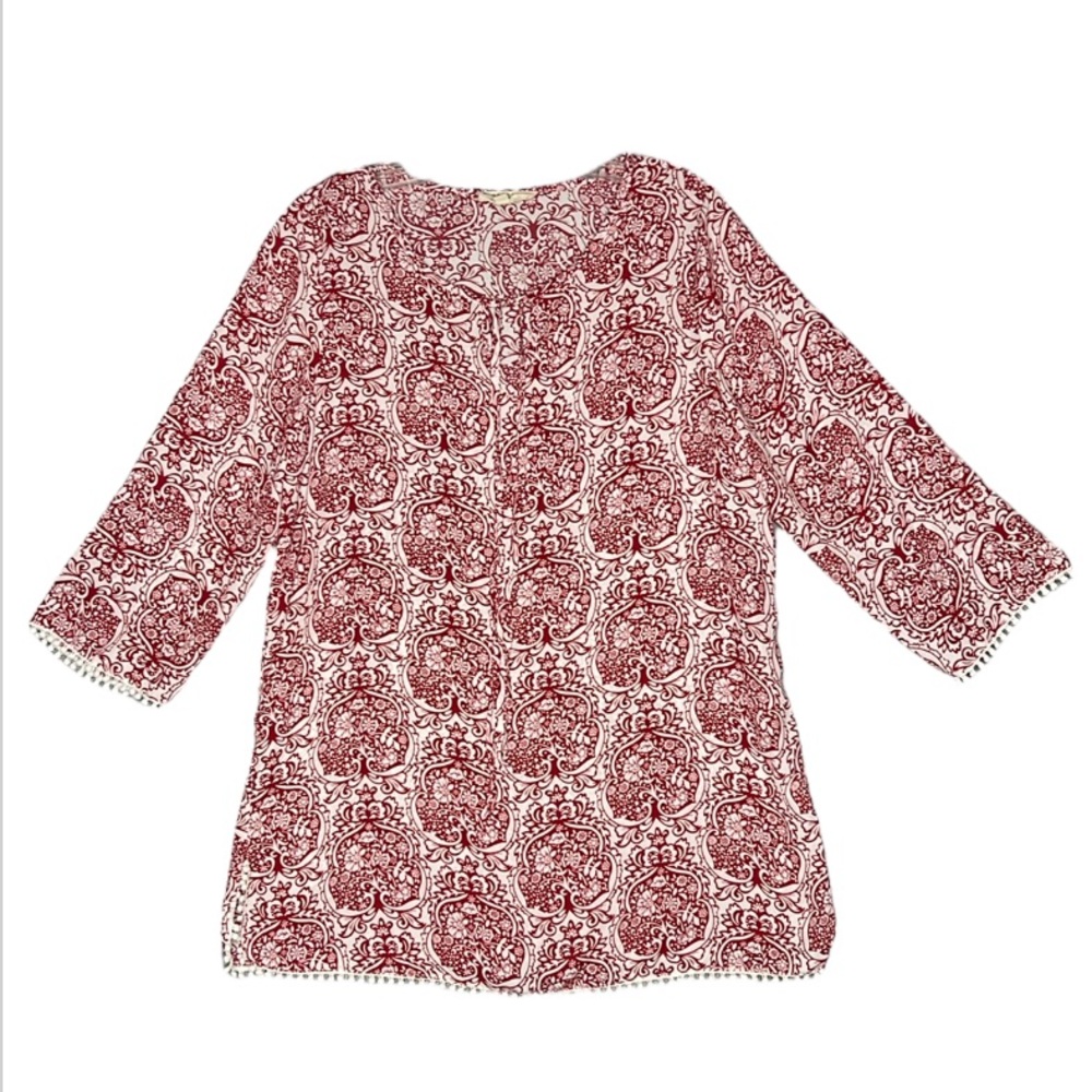 Crescent Womens Split Neck 3/4 Sleeve Tunic Top PomPom Trim Red White Small